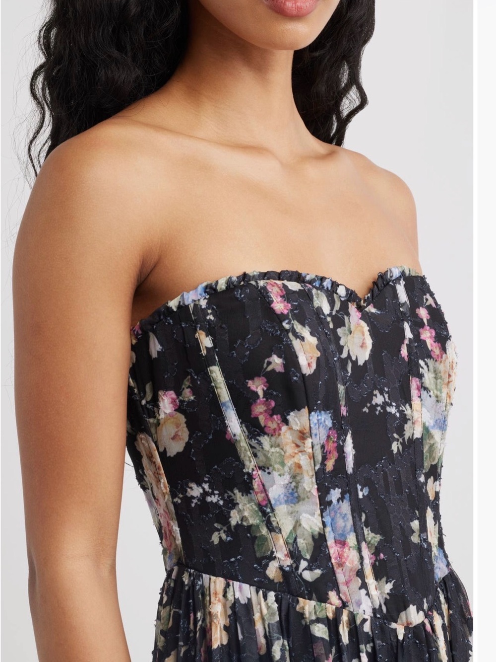 Strapless Black Floral Midi Dress
